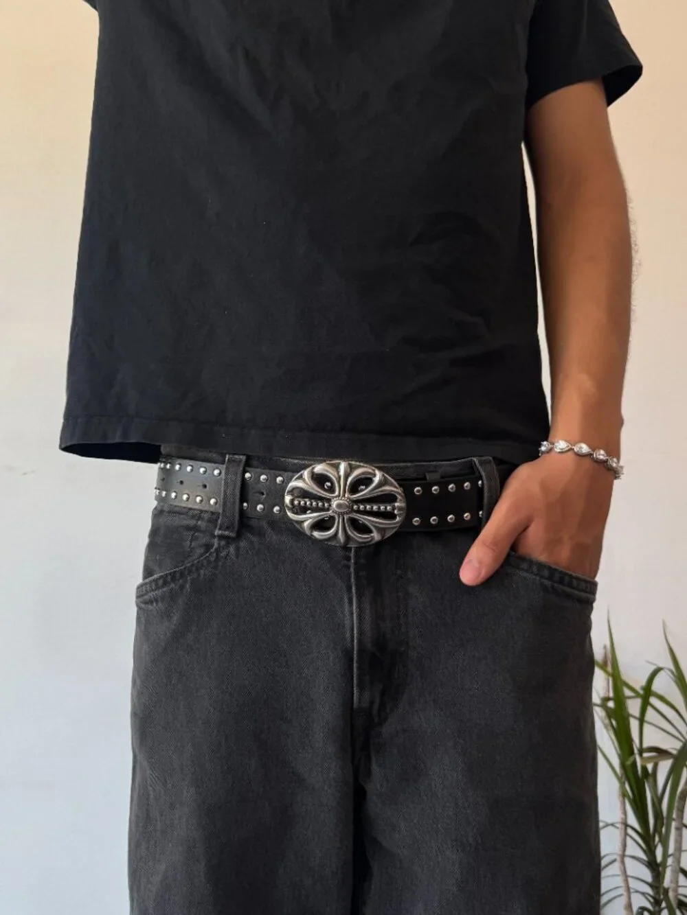 Black Faux Leather Studded Silver Cross Buckle Belt